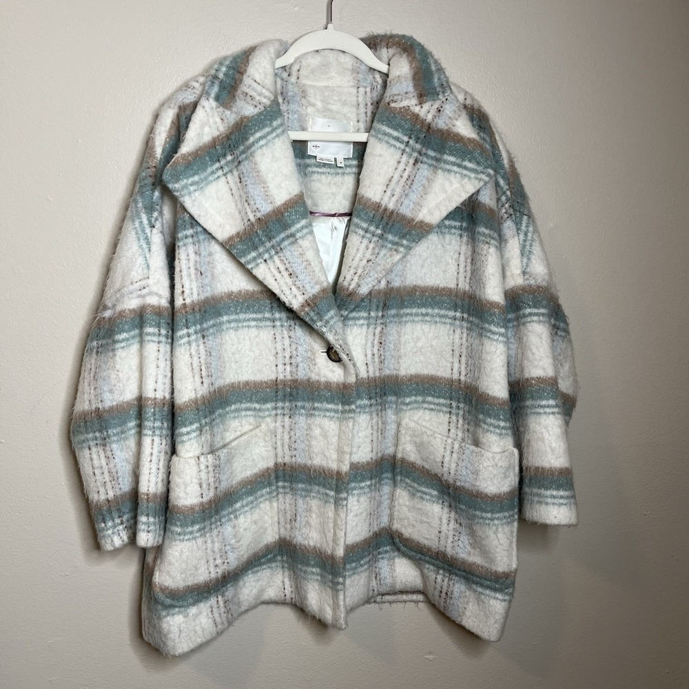 Anthropologie Womens‎ White Green Elsa Plaid Collared Long Sleeve Coat Size M